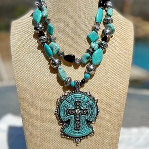 Cross Necklace Multi Strand Statement Set Huge Turquoise Howlite Handmade